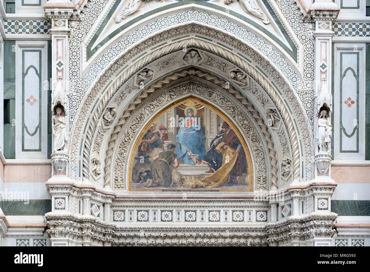 Mosaic of Virgin Mary on the facade of the Cattedrale di Santa Maria del Fiore, Cathedral of Saint Mary of the Flower, Florence, Tuscany, Italy, Europ Stock Photo
