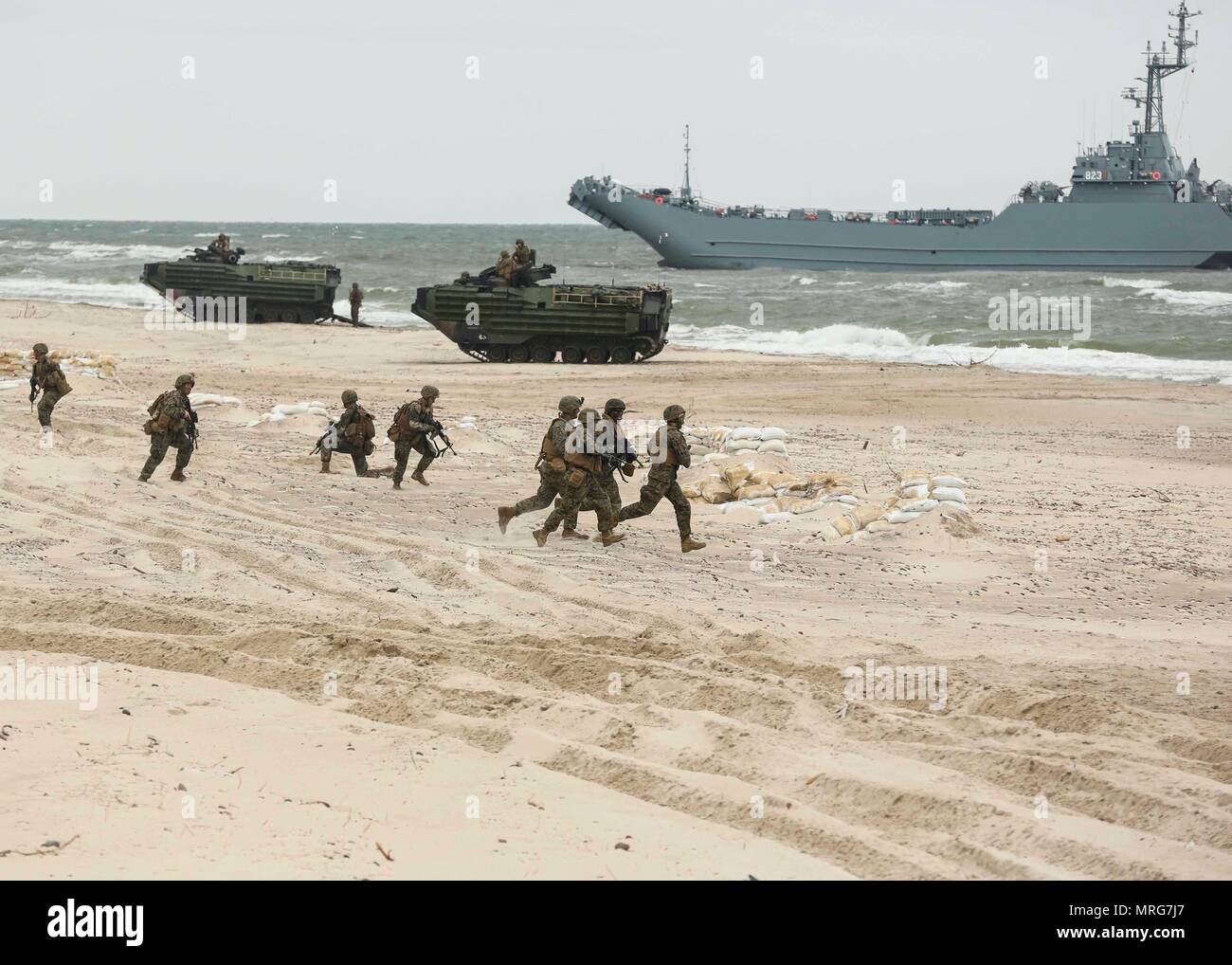 170614-N-PF515-010  USTKA, Poland (June 14, 2017) U.S. Marines assigned to Marine Forces Europe-Africa participate in an amphibious landing demonstration during exercise BALTOPS 2017. The premier annual maritime-focused exercise is conducted in the Baltic region and is one of the largest exercises in Northern Europe.  (U.S. Navy photo by Chief Mass Communication Specialist America A. Henry/Released) Stock Photo