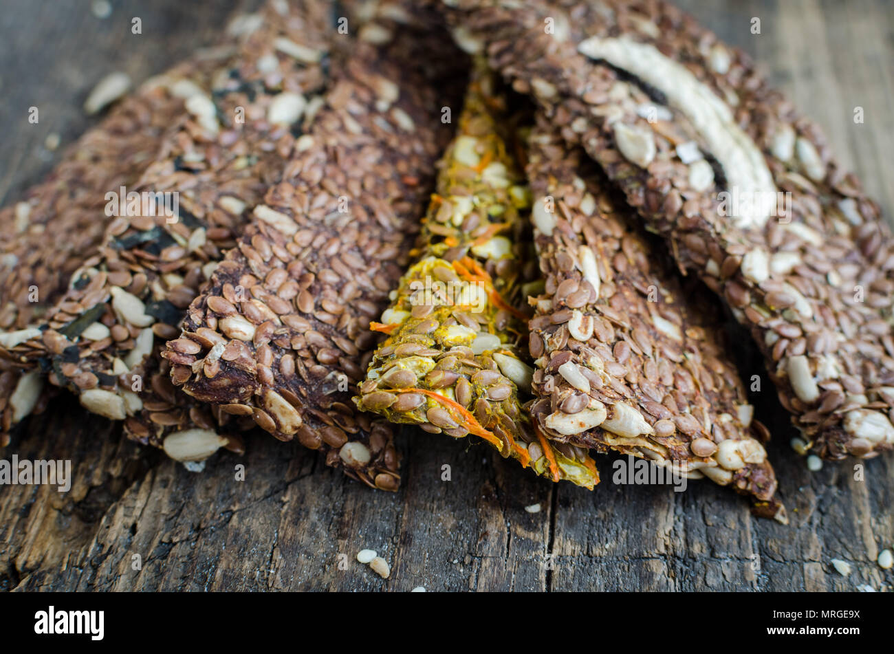 Healthy raw dessert snack. Fitness dietary food. Homemade breadsticks