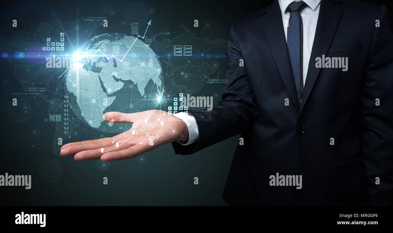 Full Hand Infor Businessman handing transparent global information flow concept on his ...