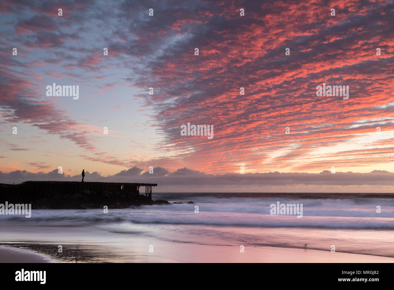 A man stands in awe of sunset afterglow lighting the clouds vibrant pink and orange above the ocean in Playa Del Rey, California. Stock Photo