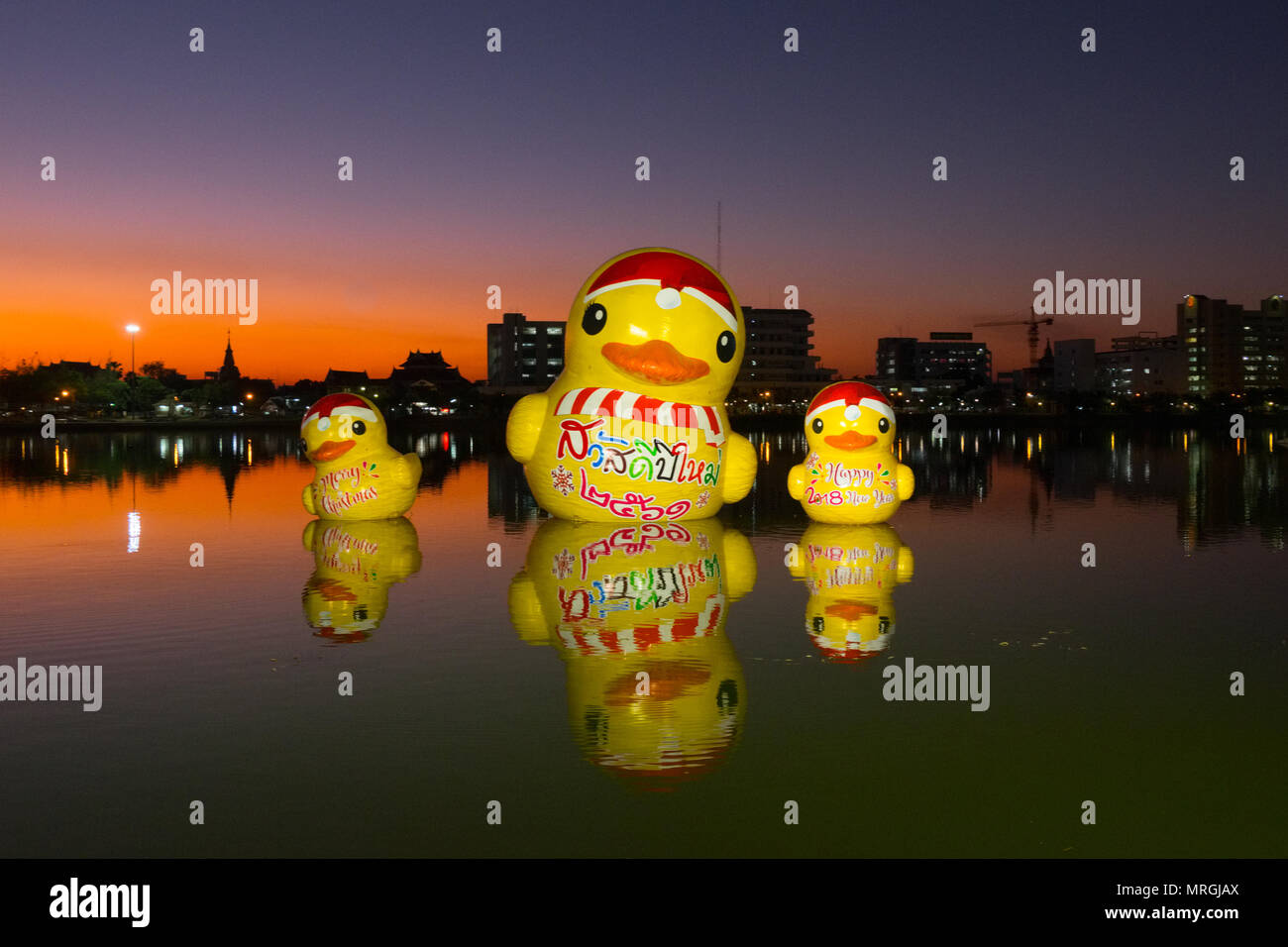 Giant rubber duck floating in Nongharn Lake in Udonthani provinve, Thailand Stock Photo
