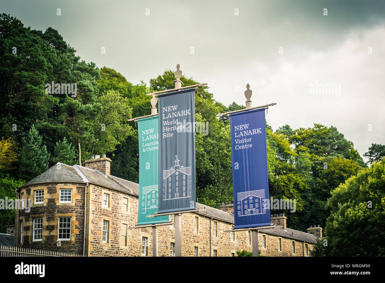 View of New Lanark Heritage Site, Lanarkshire in Scotland, United Kingdom, editorial use only Stock Photo