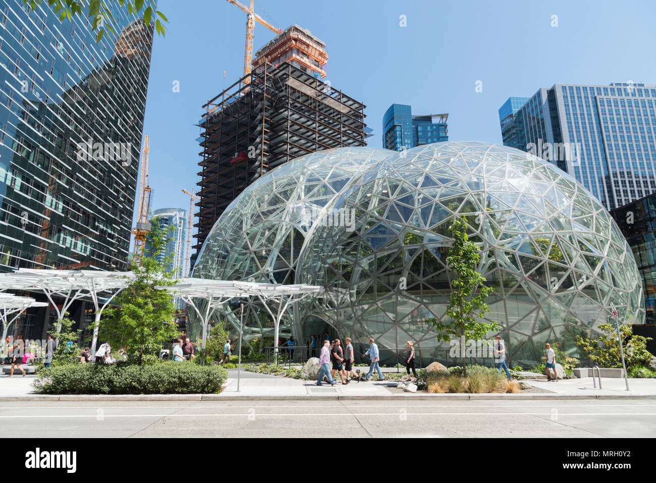 Wide view of the Amazon campus world headquarters in Seattle under blue