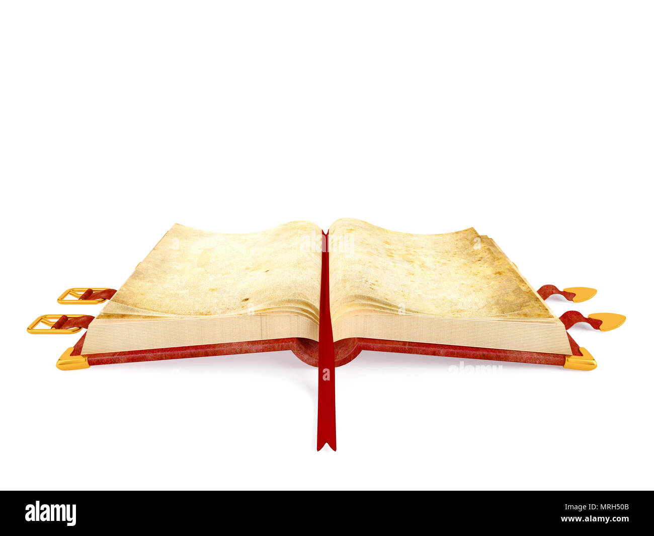Opened ancient book with red leather cover , blank paper page for mock up, 3D rendering Stock Photo