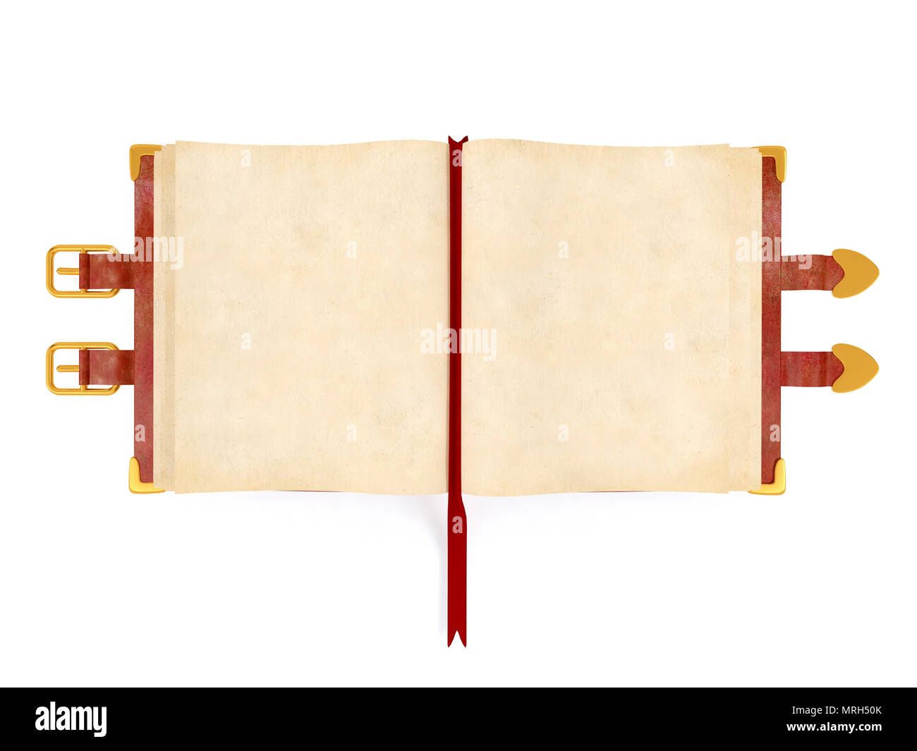 Opened ancient book with red leather cover , blank paper page for mock up, 3D rendering Stock Photo