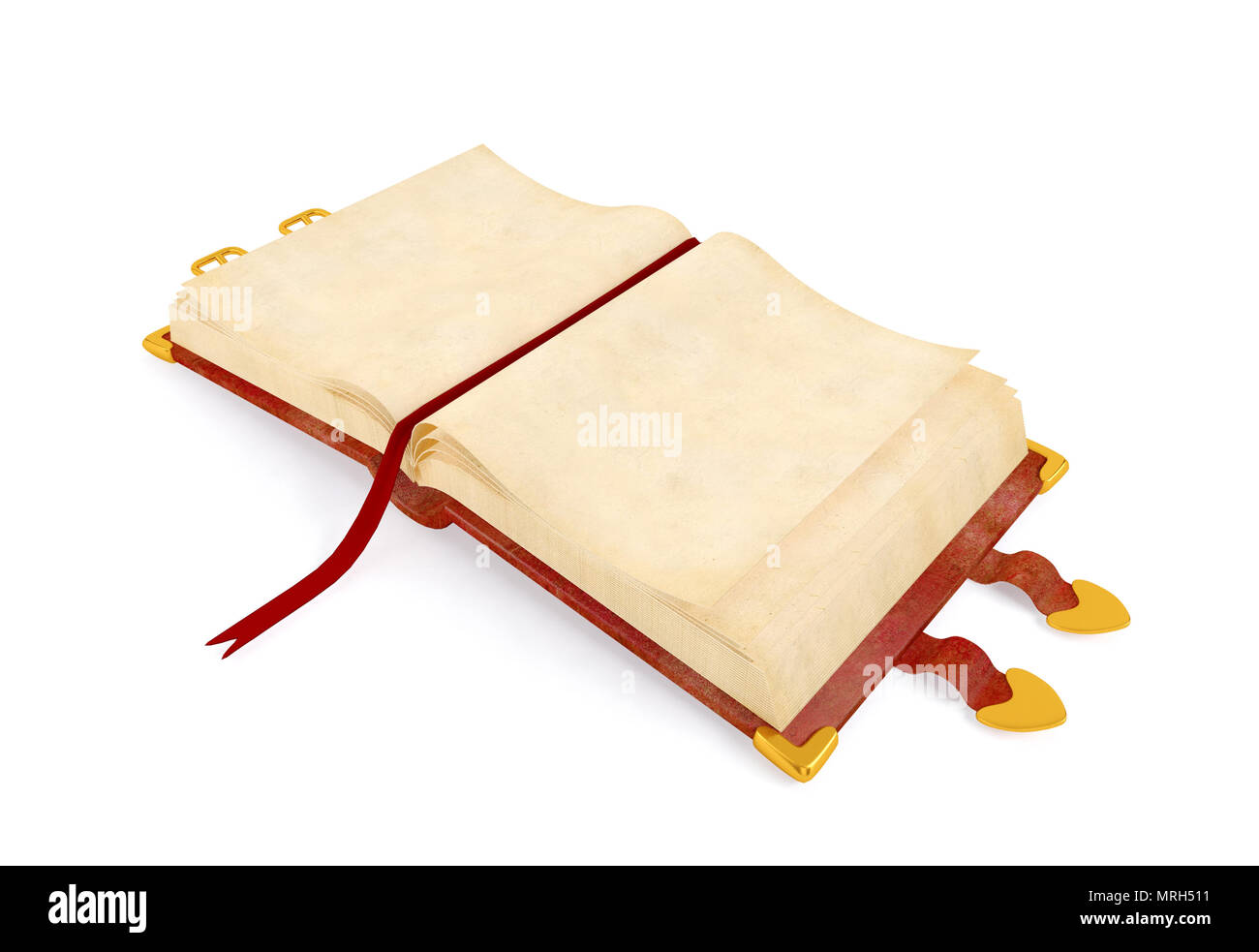 Opened ancient book with red leather cover , blank paper page for mock up, 3D rendering Stock Photo