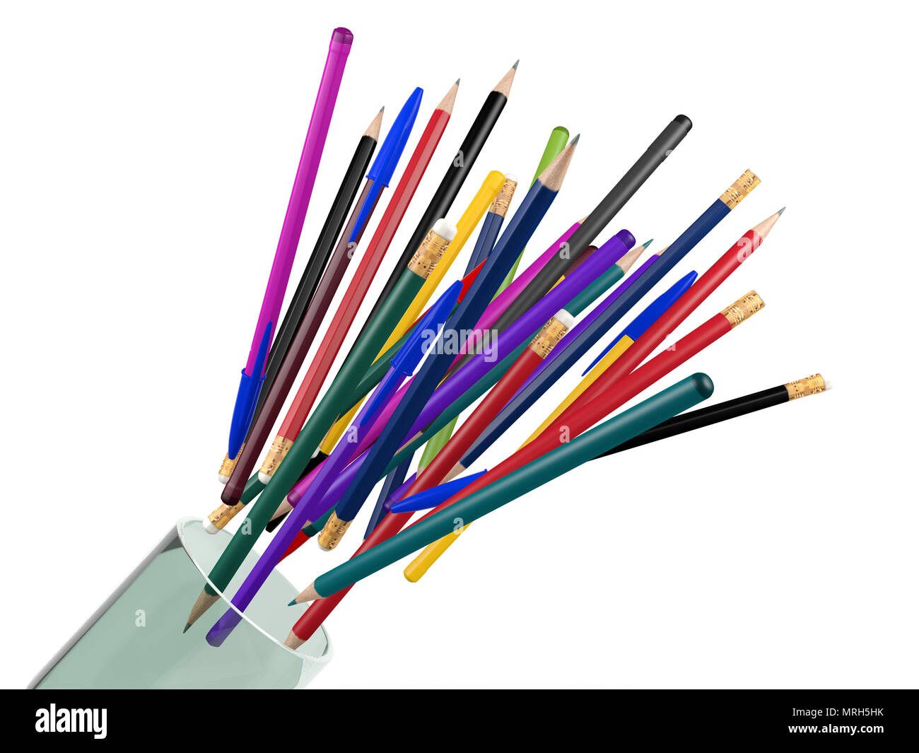 Group of pens, pencils, crayons bouncing from transparent glass, stationery elements Stock Photo