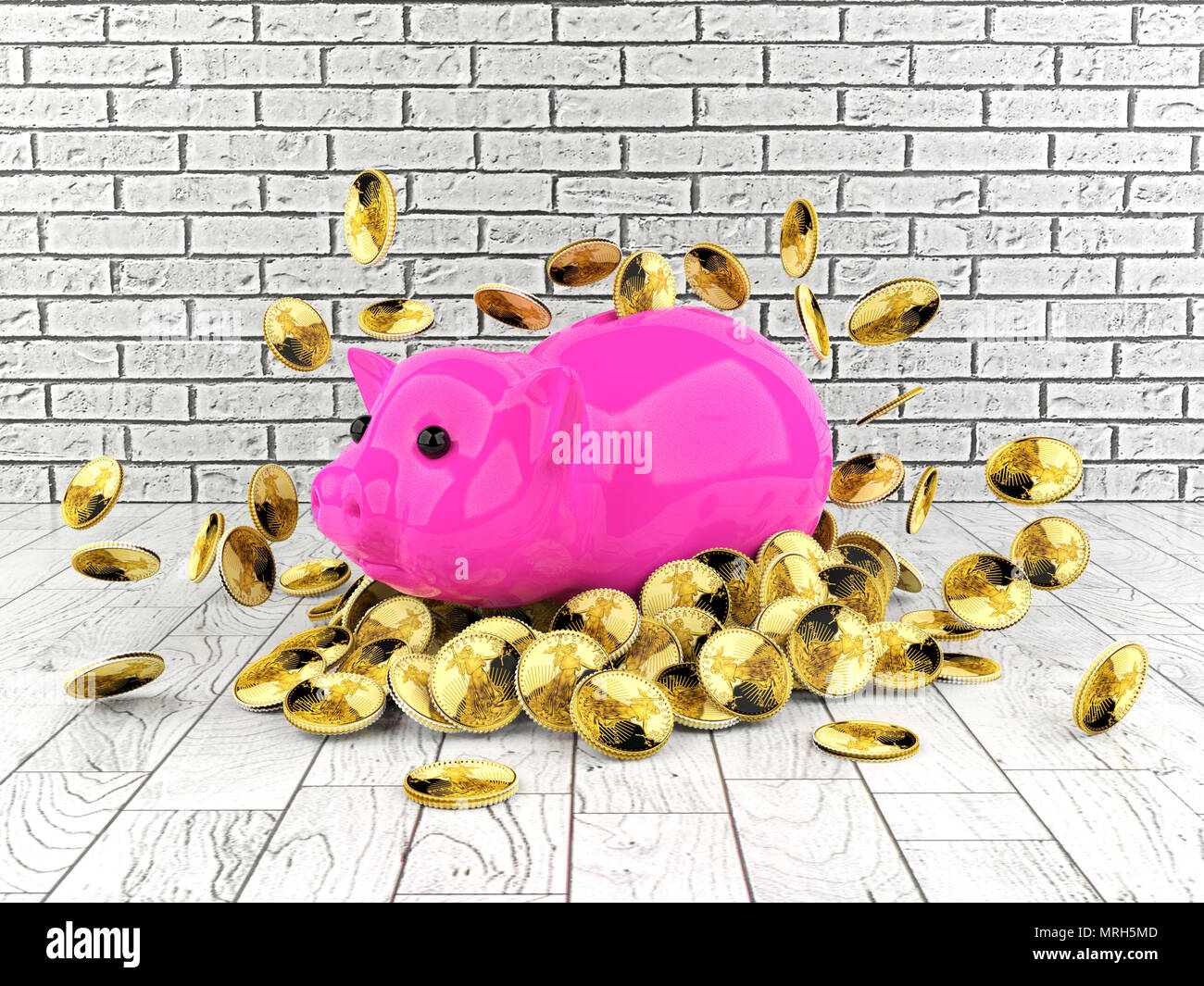 Pink piggy bank with piles of gold coins on white room background ...