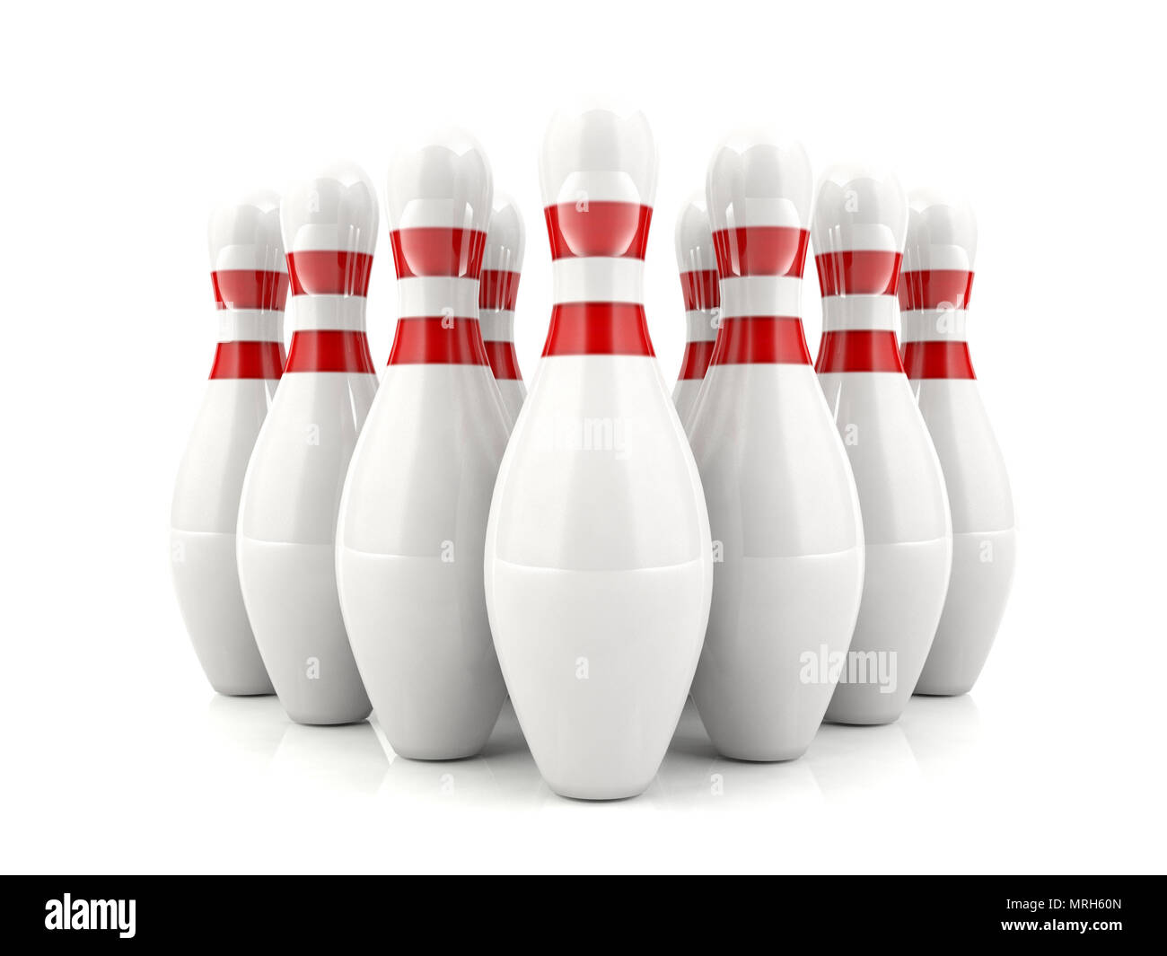 3D bowling pins with red stripes standing in formation Stock Photo