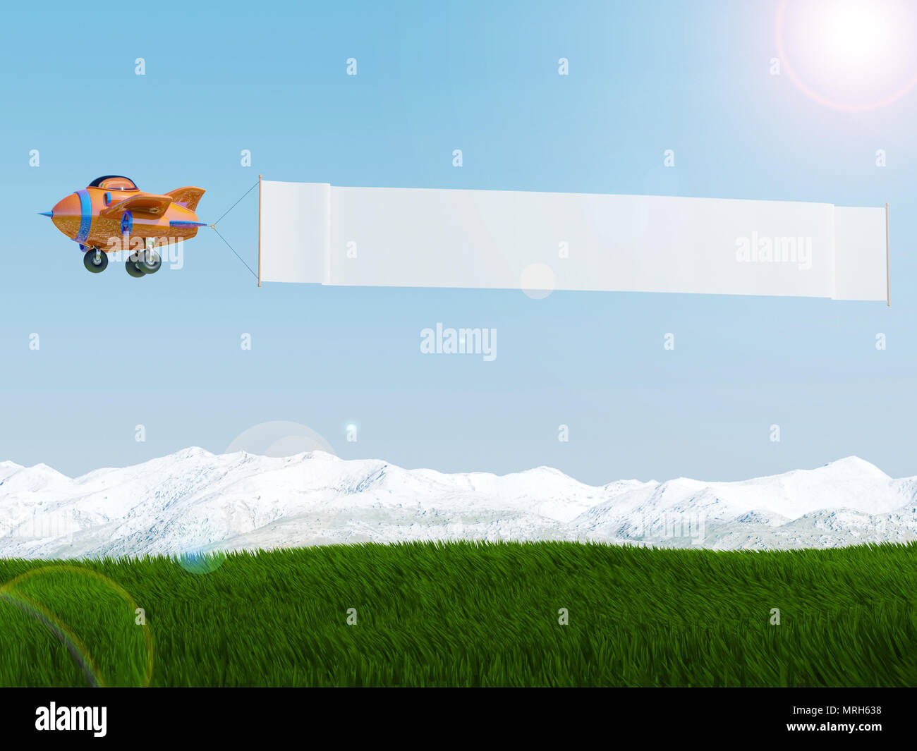 Cartoon Airplane Flying With Advertising Banner Over Grass Field