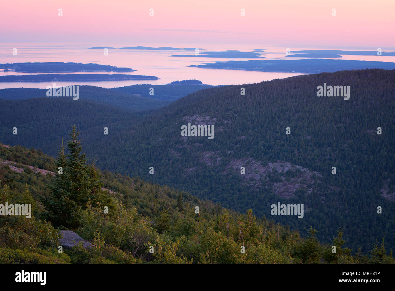 Sunset as seen from Cadillac Mountain in Acadia National Park, Maine Stock Photo