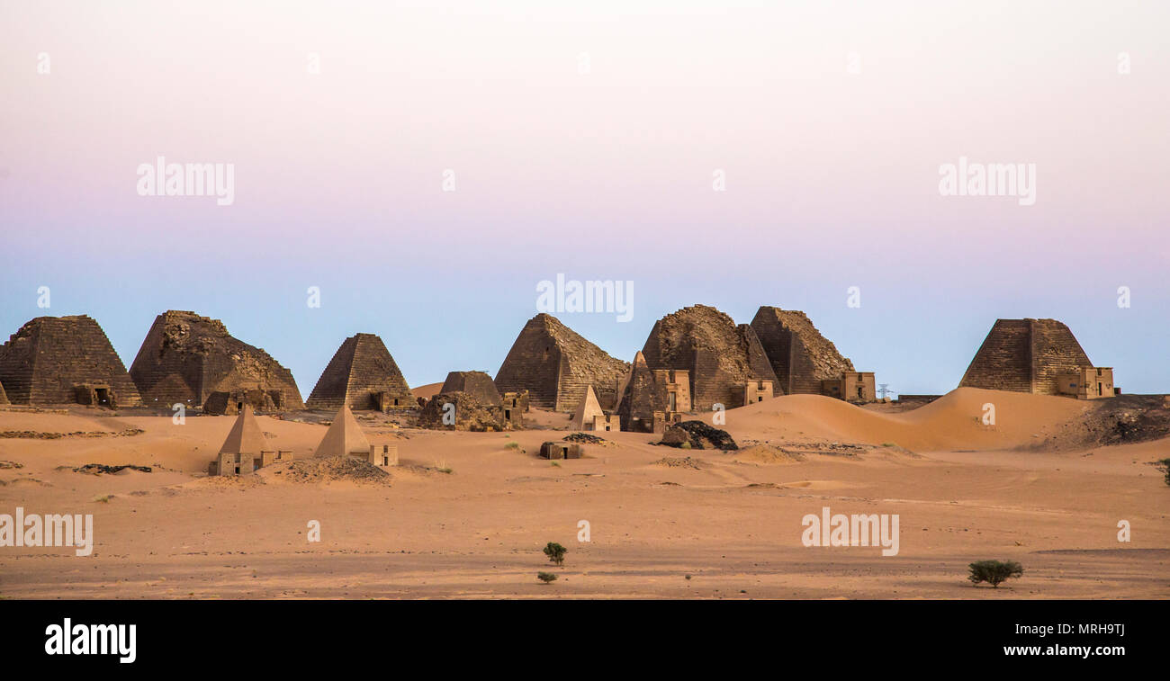 ancient Meroe pyramids in a desert in Sudan Stock Photo