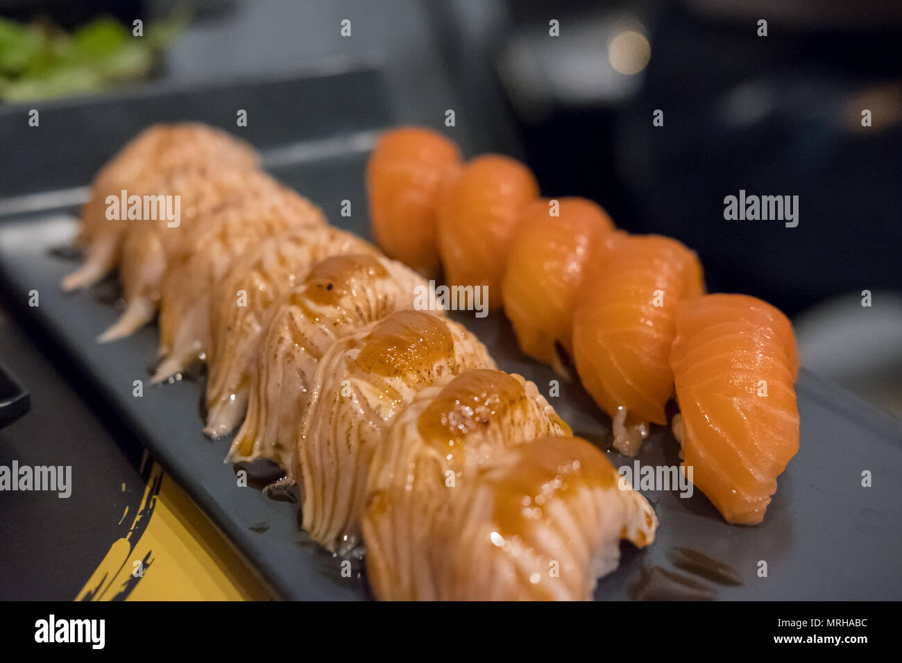 Set of Salmon aburi sushi with saikyo sauce on plate Stock Photo Alamy