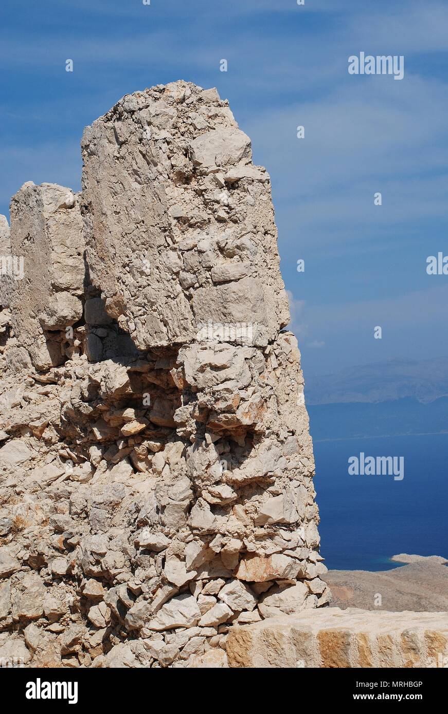 The ruins of the medieval Crusader Knights castle on the Greek island of Halki. Stock Photo