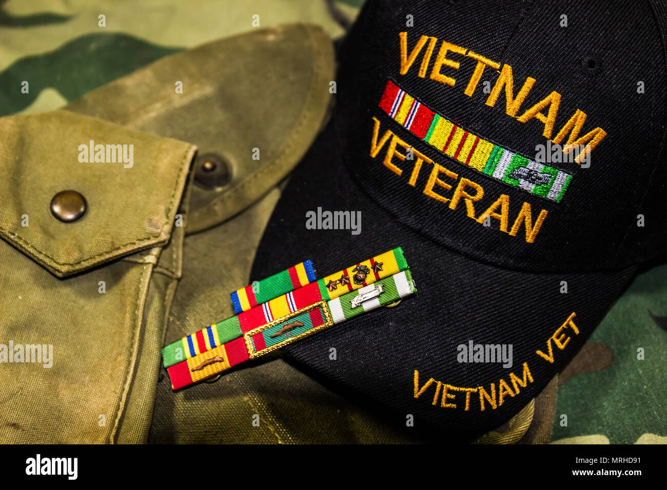 Vietnam Veteran Hat With Service Ribbons & Ammo Pouch Stock Photo