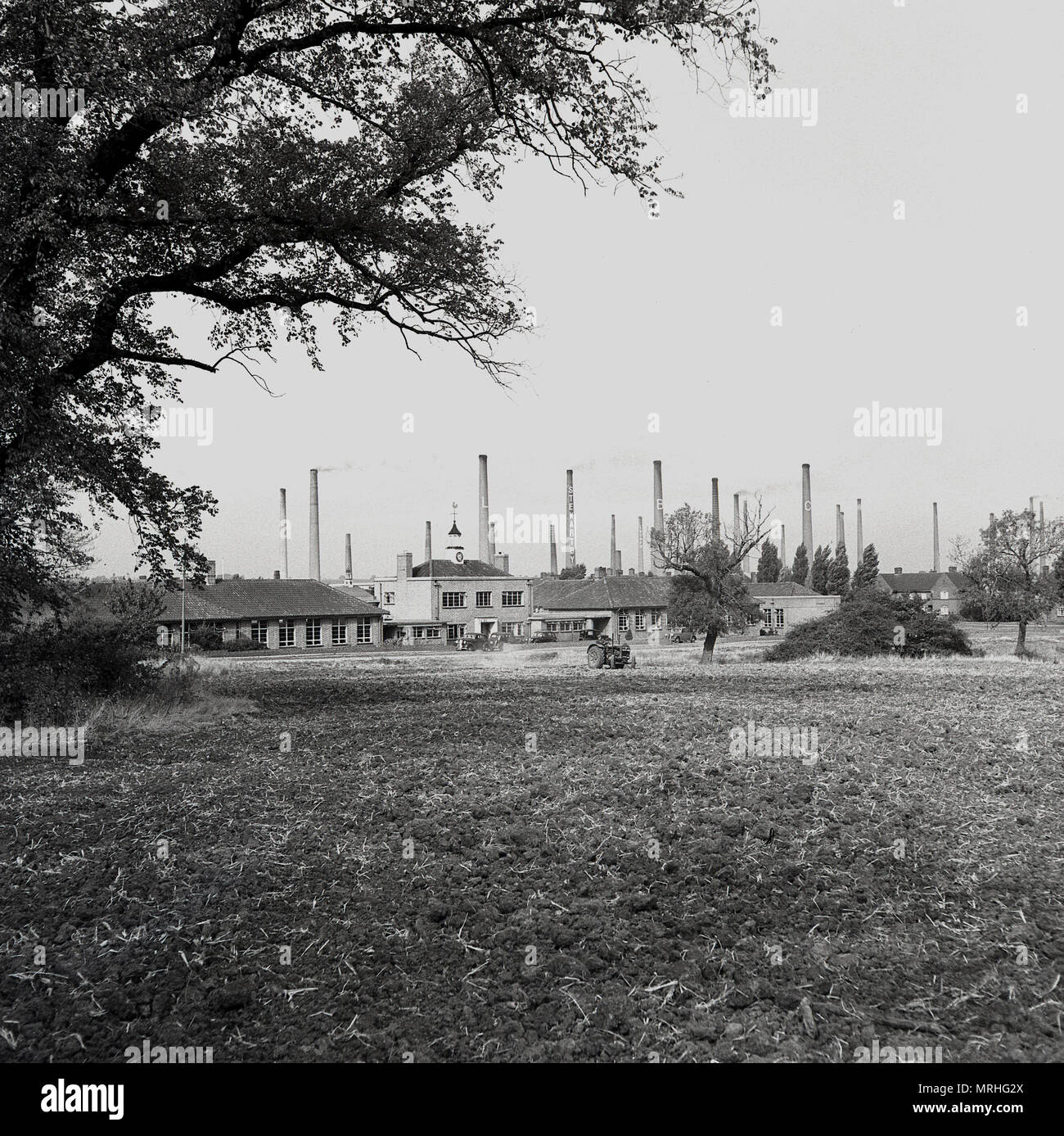 1950s, historical, view across a field showing the chimneys of the London Brick Company, Stewartby, Bedfordshire, England, UK. The brickworks were home to the world's largest kiln and next to the giant industrial site, was a 'model 'village built to house the factory workers. Originally a farming area called Wootton Pillinge, it was renamed 'Stewartby' in 1937 after the Stewart family who created the brickworks. Stock Photo
