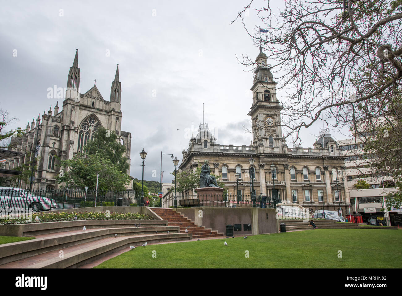 Dunedin, Otago, New Zealand-December 12,2016: The Octagon with Town Hall, Cathedral and Robert Burns statue in Dunedin, New Zealand Stock Photo
