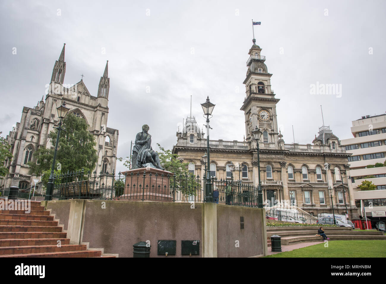 Dunedin, Otago, New Zealand-December 12,2016: The Octagon in the city with historic architecture and monument in Dunedin, New Zealand Stock Photo