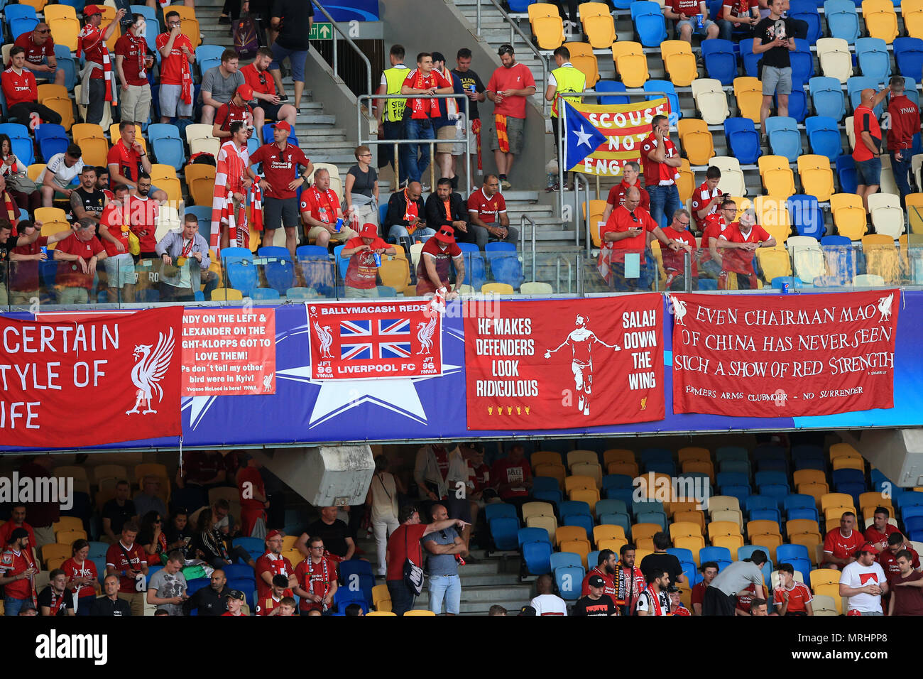 Liverpool fans hang banners in the stands during the UEFA Champions League  Final at the NSK Olimpiyskiy Stadium, Kiev. PRESS ASSOCIATION Photo.  Picture date: Saturday May 26, 2018. See PA story SOCCER