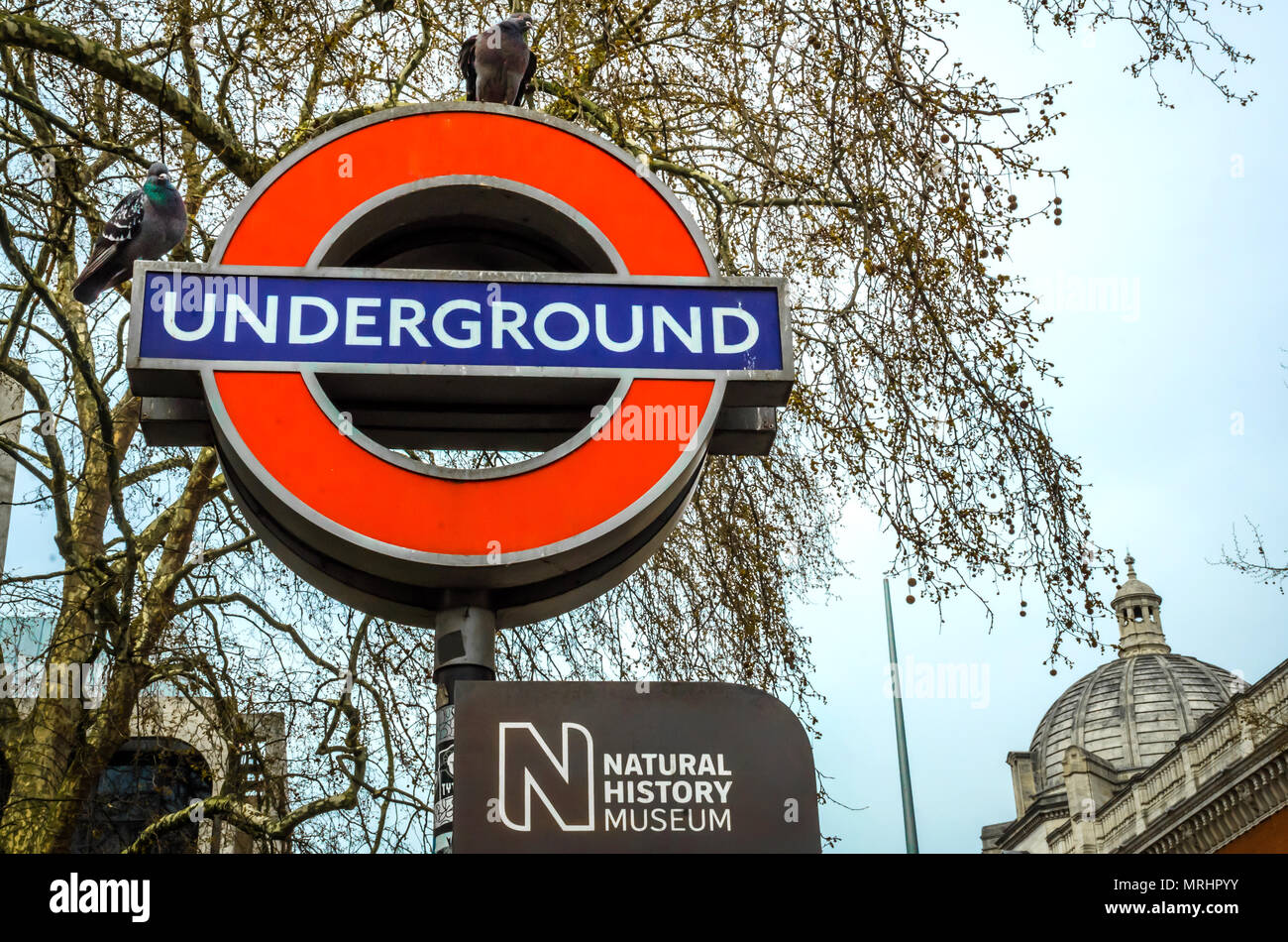 At the entrance of Natural History Museum, sign of underground train station, South Kensington