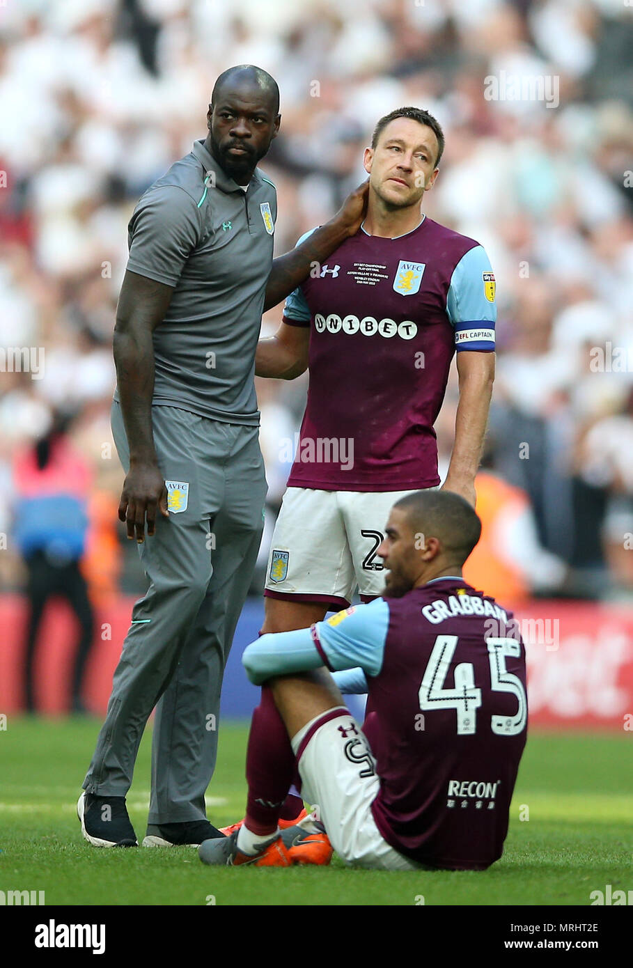 Aston Villa's John Terry appears dejected after the final whistle during the Sky Bet Championship Final at Wembley Stadium, London. Stock Photo