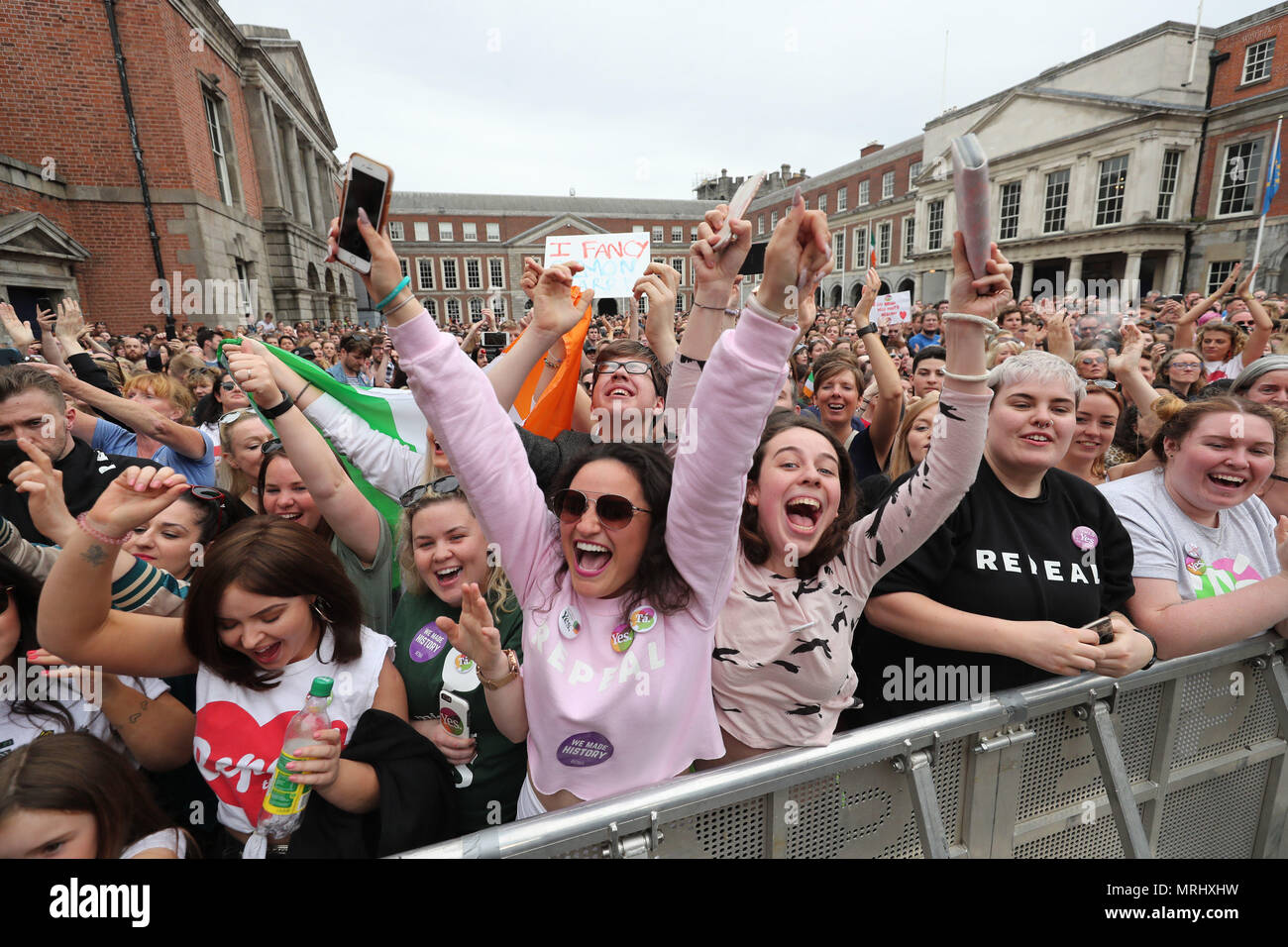Yes campaigners celebrate as the results are announced in the referendum on the 8th Amendment of the Irish Constitution which prohibits abortions unless a mother's life is in danger. Stock Photo