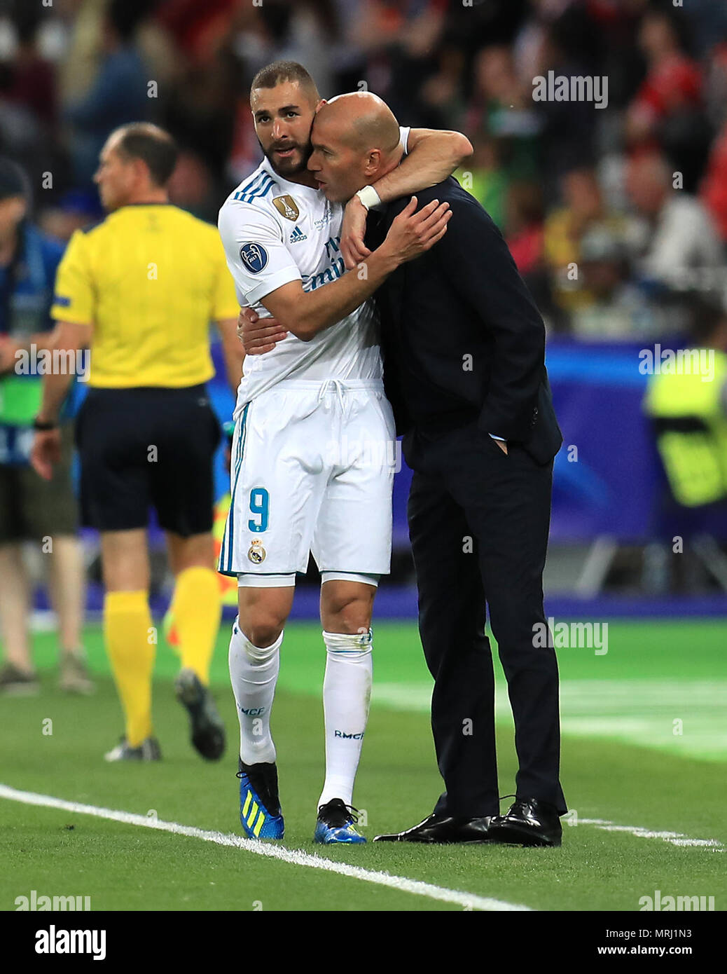 Real Madrid S Karim Benzema Left Celebrates Scoring His Side S First Goal Of The Game With Manager Zinedine Zidane Right During The Uefa Champions League Final At The Nsk Olimpiyskiy Stadium Kiev Stock