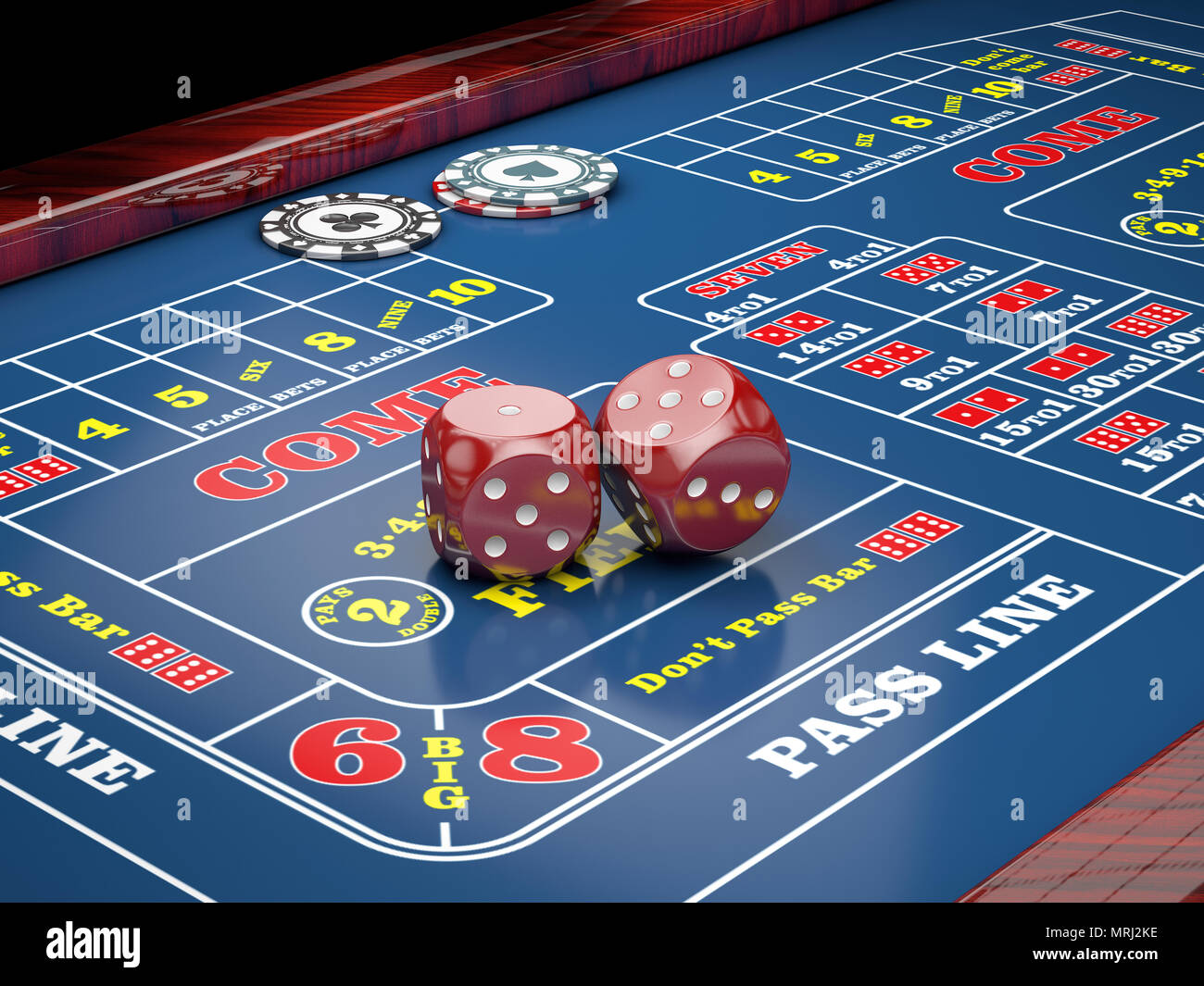 Dice on casino table with casino chips. 3d illustration Stock Photo Alamy