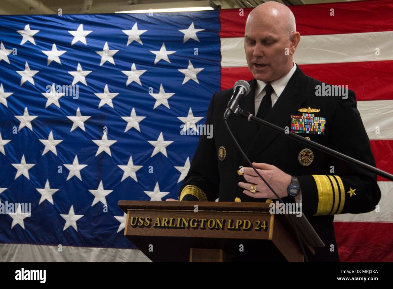 170616-N-GG458-068  KIEL, Germany (June 16, 2017) Vice Adm. Christopher Grady, commander of Naval Striking and Support Forces NATO, delivers remarks at a reception aboard the San Antonio-class amphibious transport dock ship USS Arlington (LPD 24) during exercise BALTOPS 2017. The premier annual maritime-focused exercise in the Baltic region is one of the largest exercises in Northern Europe. (U.S. Navy photo by Mass Communication Specialist 2nd Class Stevie Tate/Released) Stock Photo