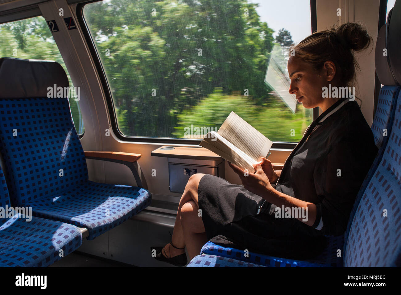 Young woman reading a book while travelling by train Stock Photo