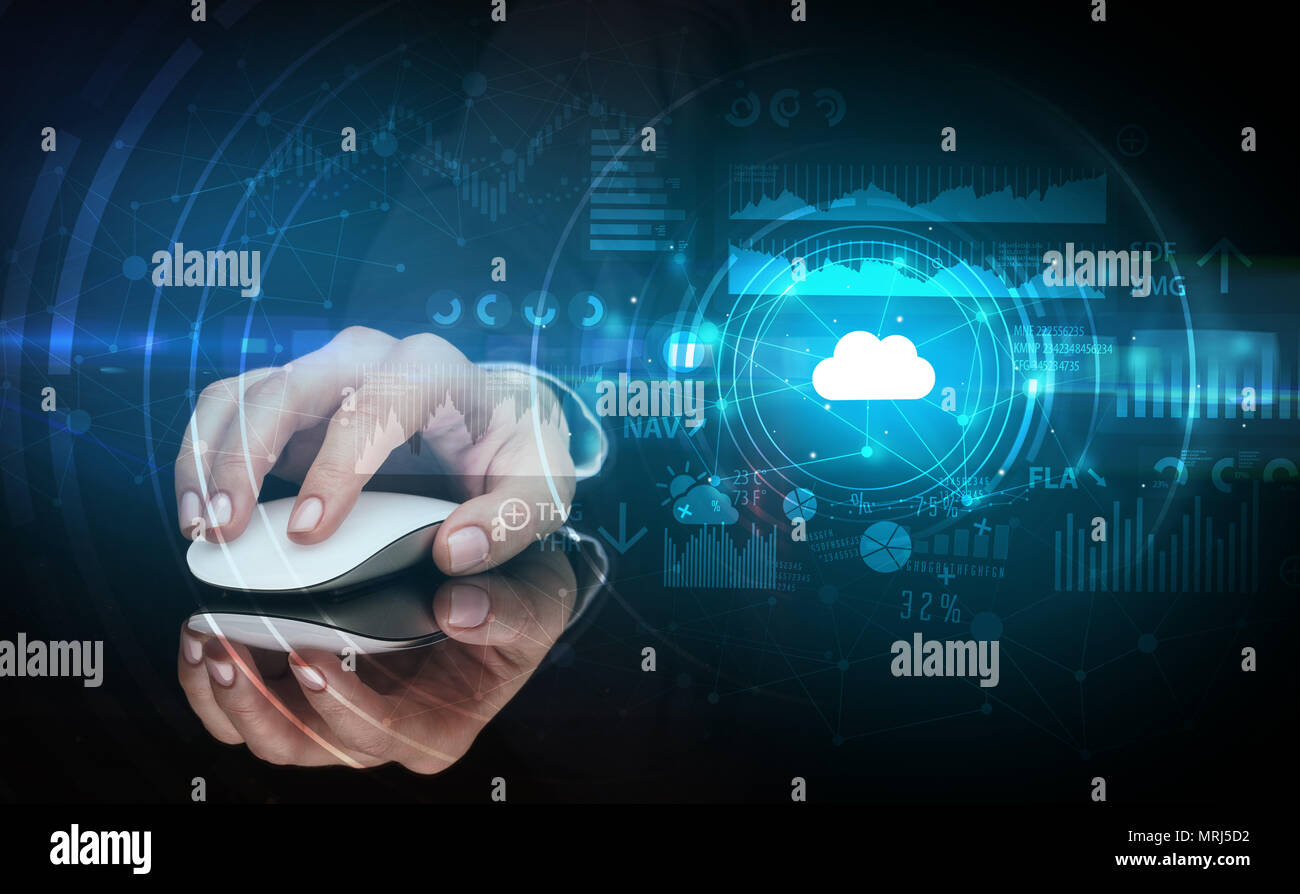 Hand using wireless mouse with cloud technology concept and dark background Stock Photo