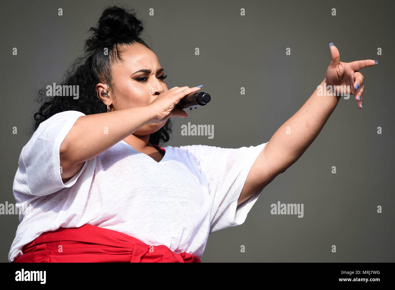 Singer Yasmin Green performs with Clean Bandit during the first day of BBC Radio 1's Biggest Weekend at Singleton Park, Swansea. Stock Photo