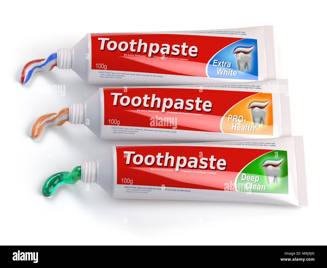 Tubes of toothpaste in different colors and differnt types of toothpaste. 3d illustration Stock