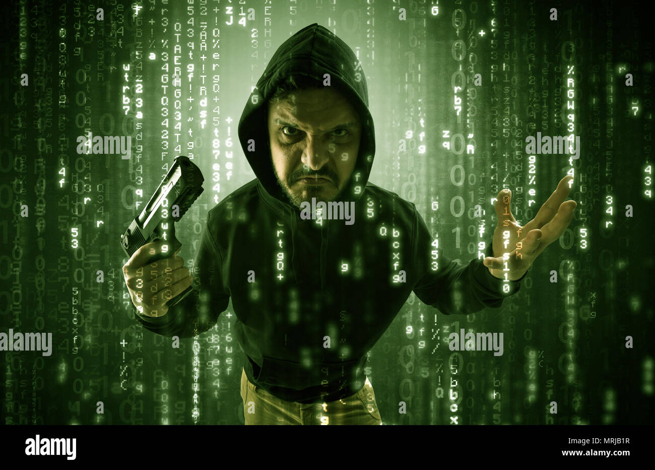 Masked and armed anonymous hacker breaking in cyber security cloud data concept  Stock Photo