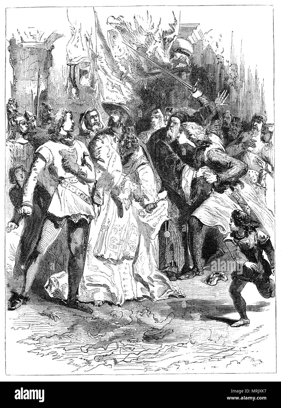 King Richard I (1157-1199) drawing his sword upon John of Anagni, the Cardinal Legate of the Pope, during a meeting in 1189 in La Ferte-Bernard in Maine, near le Man. Richard was King of England from 1189 to 1199. He was known as Richard the Lionheart, or Coeur de Lion, even before his accession because of his military reputation. He spent little of his reign in England, setting out on the Third Crusade in 1190, and from 1194 onwards fighting to regain territories in France. Stock Photo