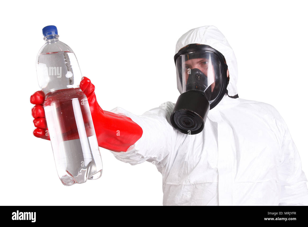 Man in protective suit with a bottle of pure water isolated on white Stock Photo