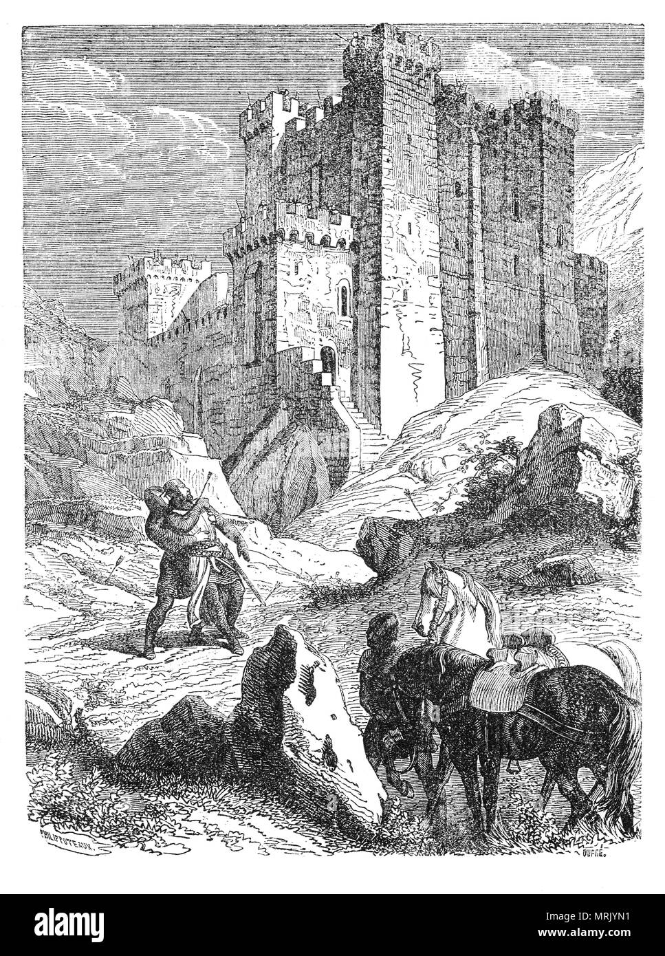 King Richard I aka Richard the Lionheart(1157 – 1199) was mortally wounded with a poisoned crossbow bolt, or arrow, fired from the Castle of Chalus by Bertram de Gourdon 25 March 1199. Appearing before Richard, De Gourdon accused him of killing his father and two brothers and Richard freed the prisoner. The wound swiftly became gangrenous and Richard died two weeks later 6th April 1199 in the arms of his mother, and thus 'ended his earthly day'. Because of the nature of Richard's death, it was later referred to as 'the Lion by the Ant was slain'. Stock Photo