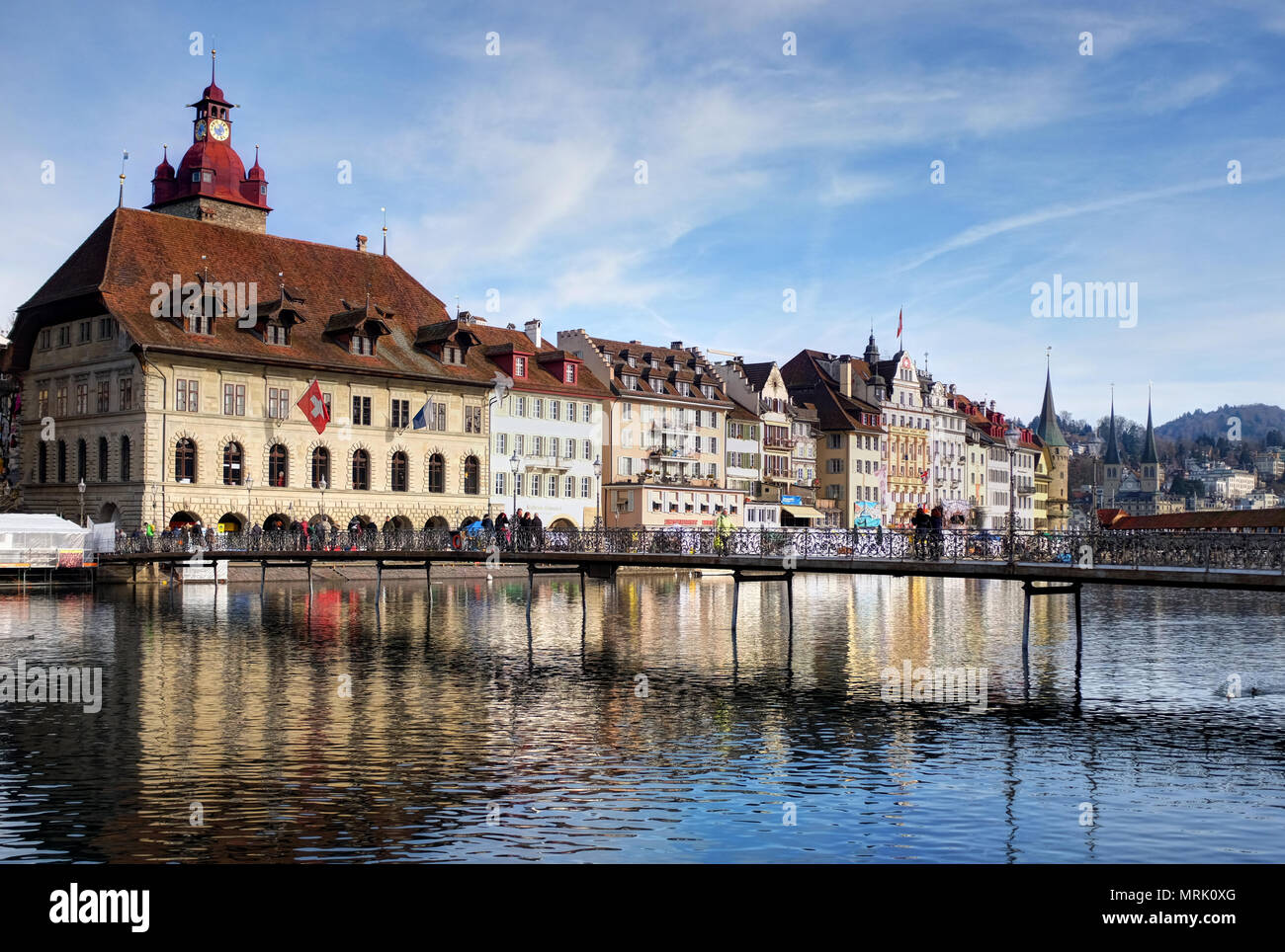 Town Hall on River Reuss, Lucerne, Switzerland, Europe Stock Photo