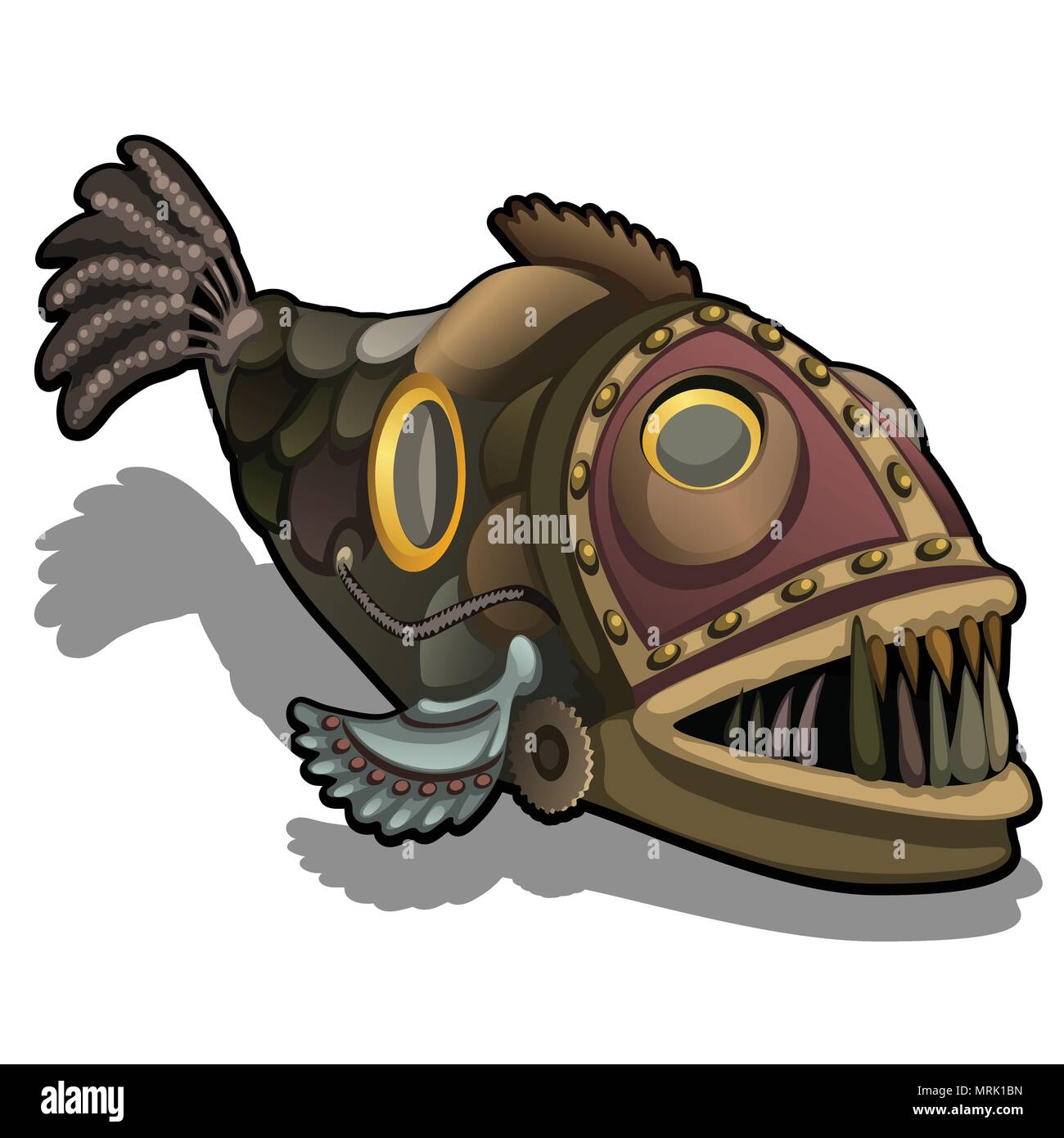 Fangtooth fish in the style of steam punk isolated on white background. Cartoon vector close-up illustration. Stock Vector