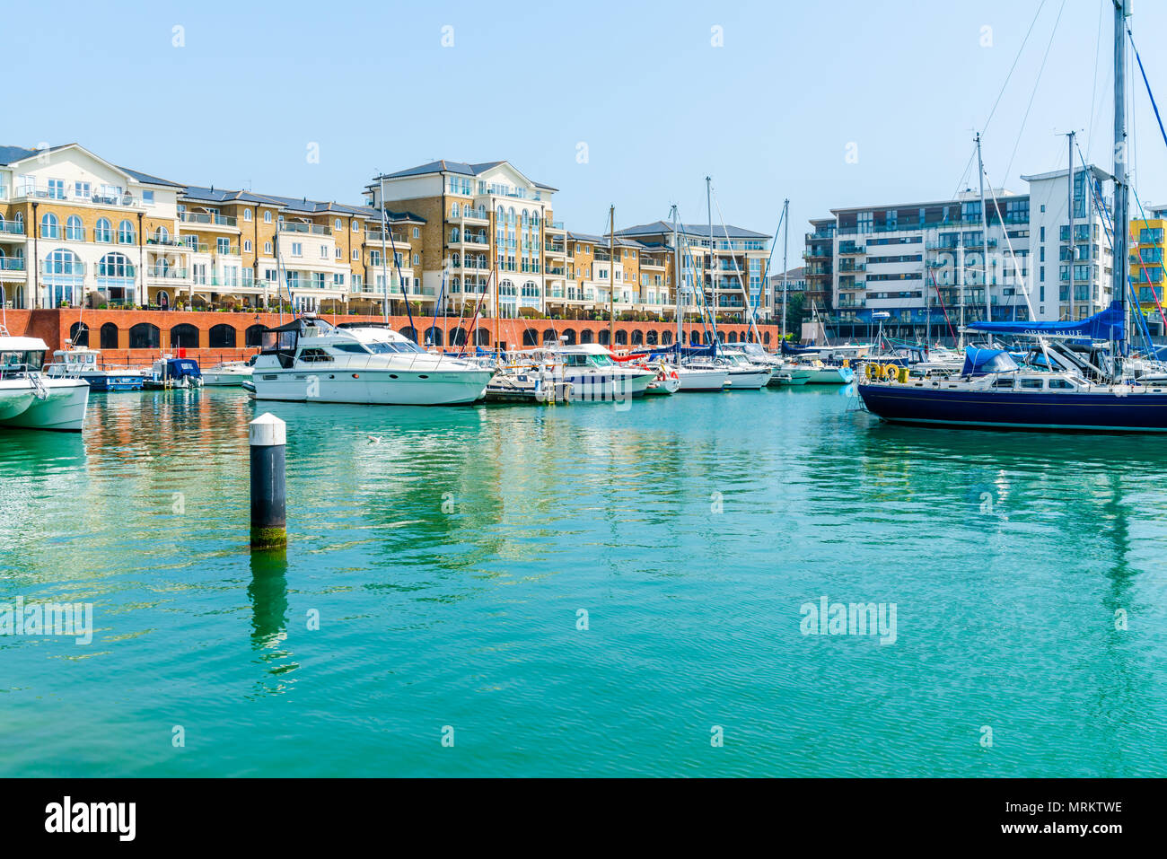 EASTBOURNE, SUSSEX, UK MAY 20,2018 Opened in 1993, Sovereign Harbour in Eastbourne consists