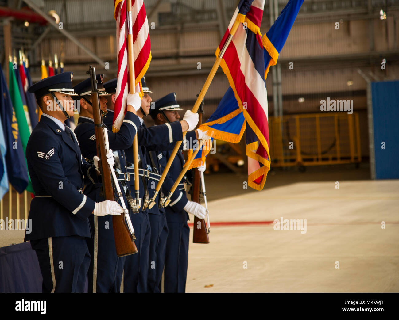 Members of the Honor Guard post the colors for the National Anthem and ...