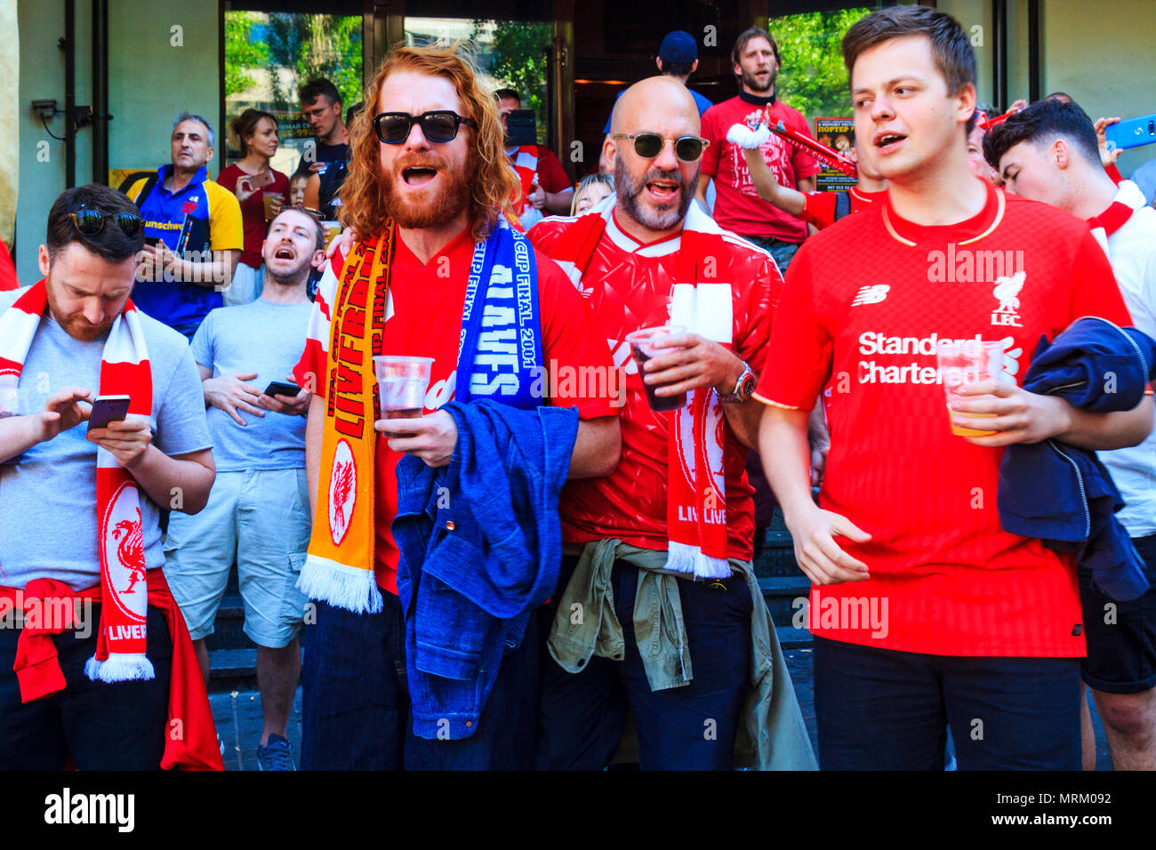 Liverpool fans chanting songs, Champions League final, victory and defeat Stock Photo