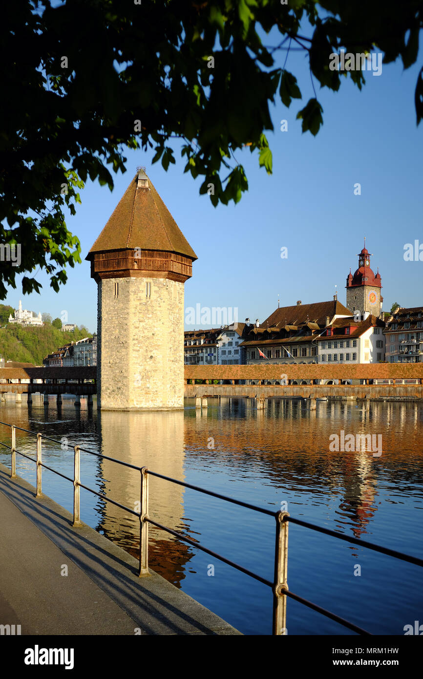 WasserturmTower and Chapel Bridge on Reuss River, Lucerne, Switzerland, Europe Stock Photo
