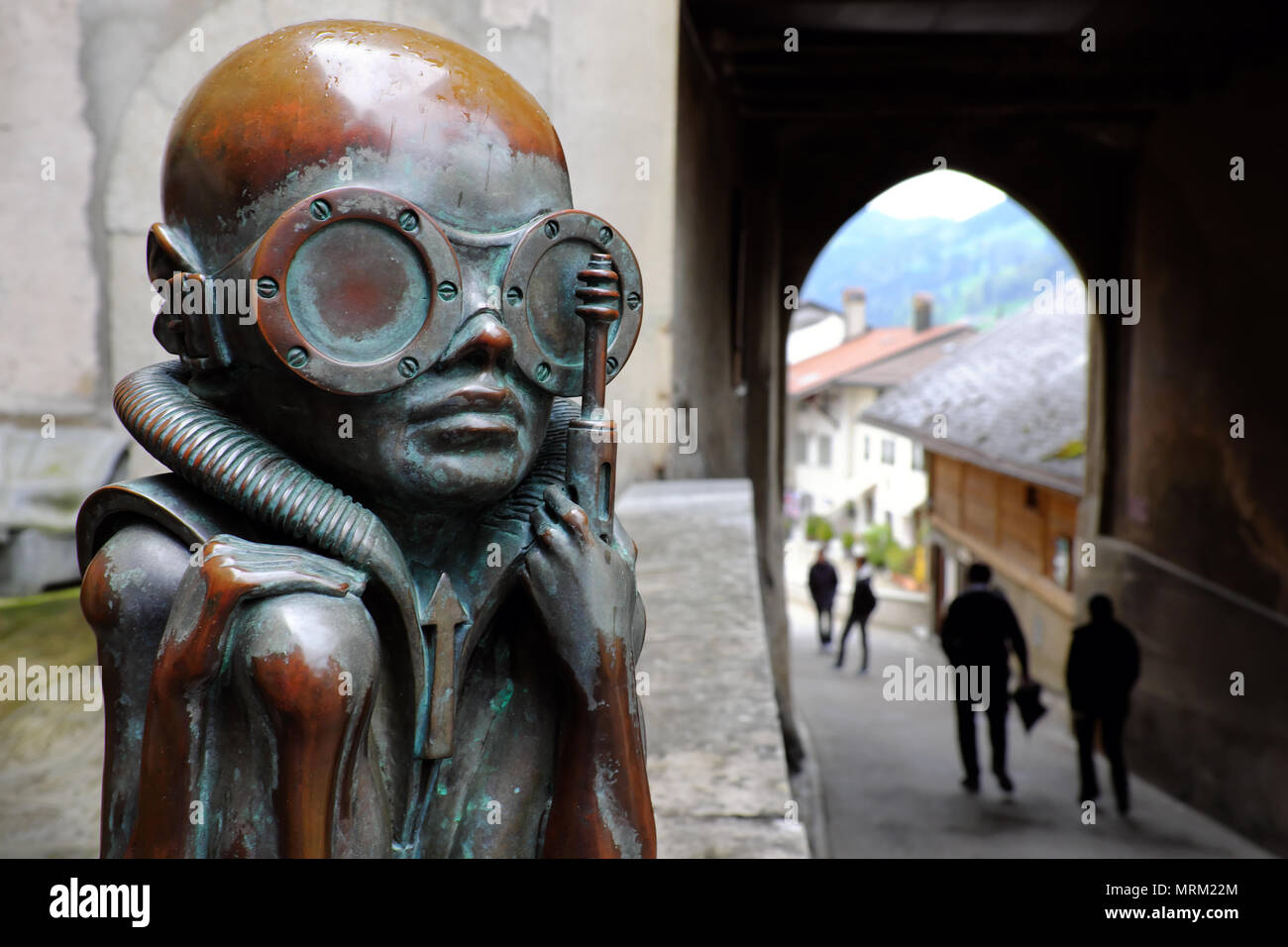 Hans Rudolf Giger's statue Birth Machine Baby outside HR Giger Museum, Gruyères, Switzerland, Europe Stock Photo