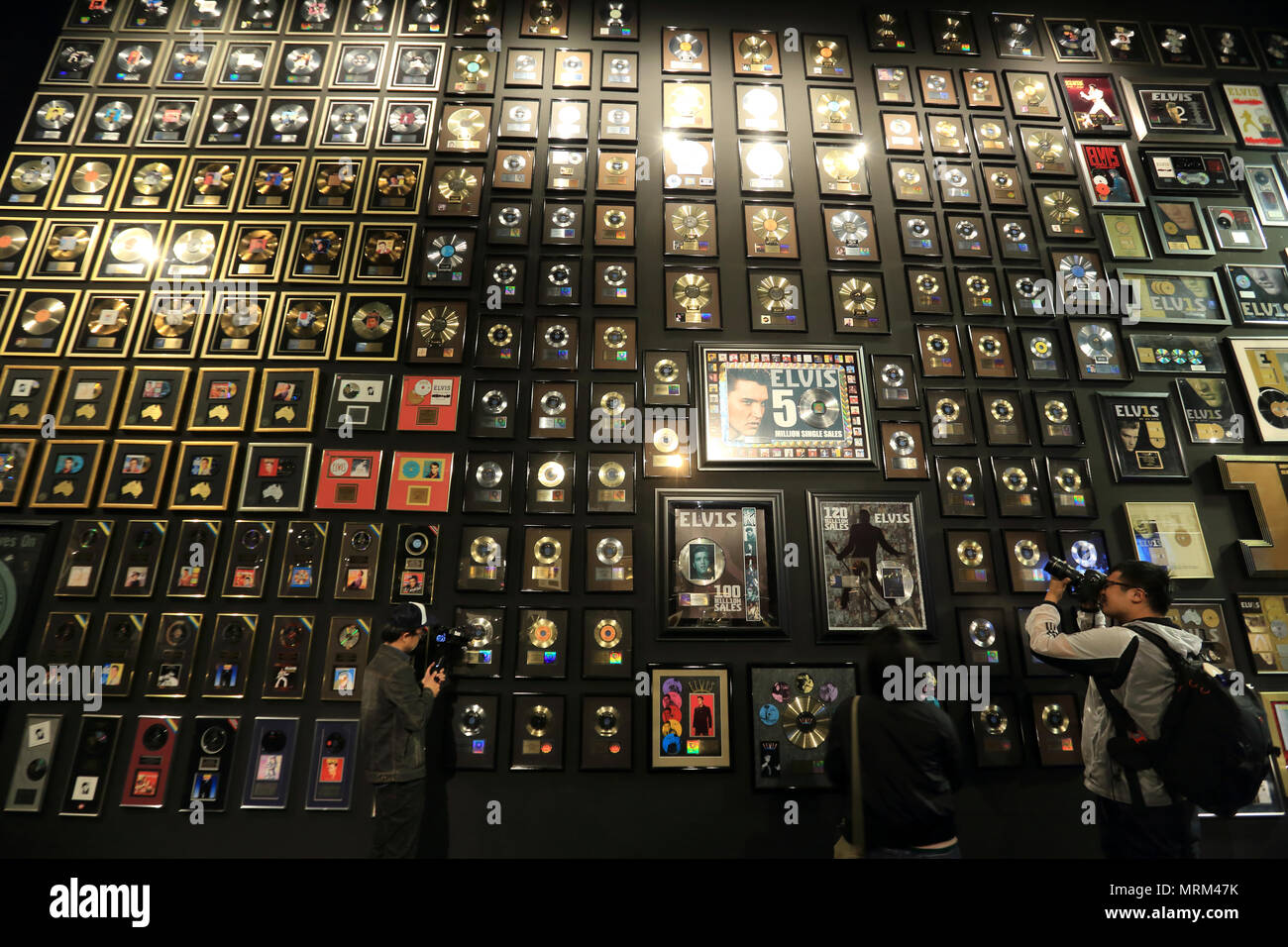 Collection of gold and platinum records display at Elvis The Entertainer Career Museum in Graceland the home of Elvis Presley.Memphis.Tennessee.USA Stock Photo