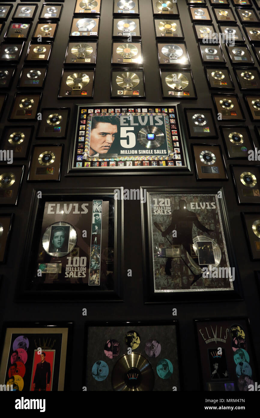 Collection of gold and platinum records display at Elvis The Entertainer Career Museum in Graceland the home of Elvis Presley.Memphis.Tennessee.USA Stock Photo