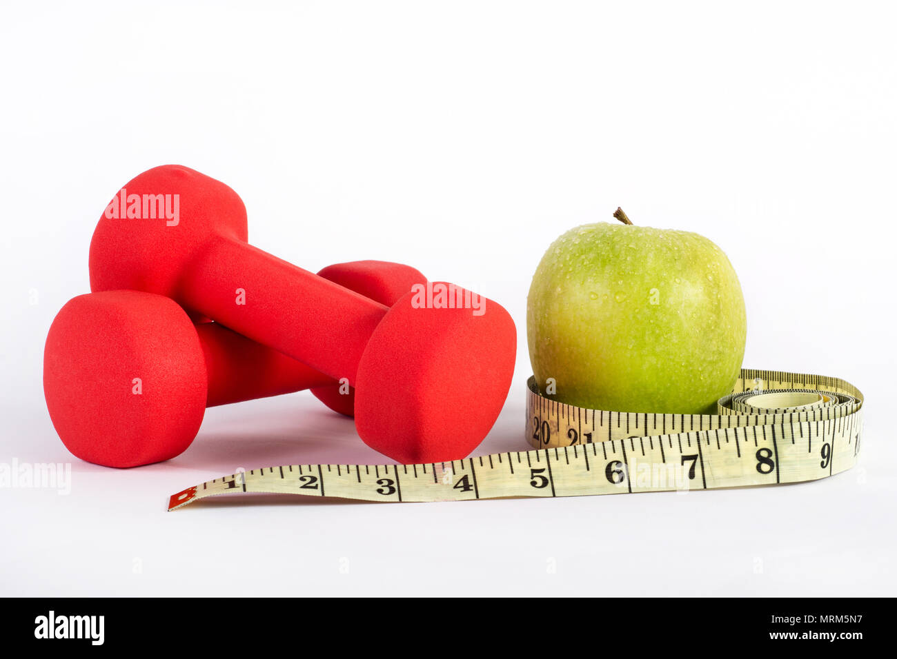 Red dumbbell fitness, measuring tape 