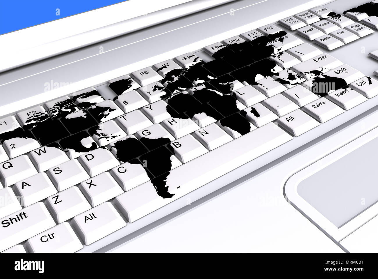 Laptop keyboard with a world map on the keys Stock Photo