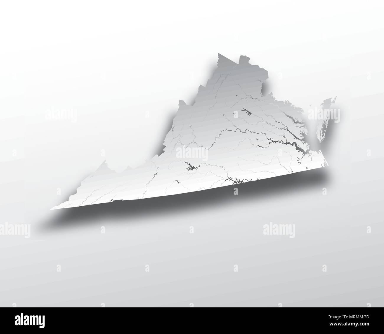U.S. states - map of Virginia with paper cut effect. Hand made. Rivers and lakes are shown. Please look at my other images of cartographic series - th Stock Vector